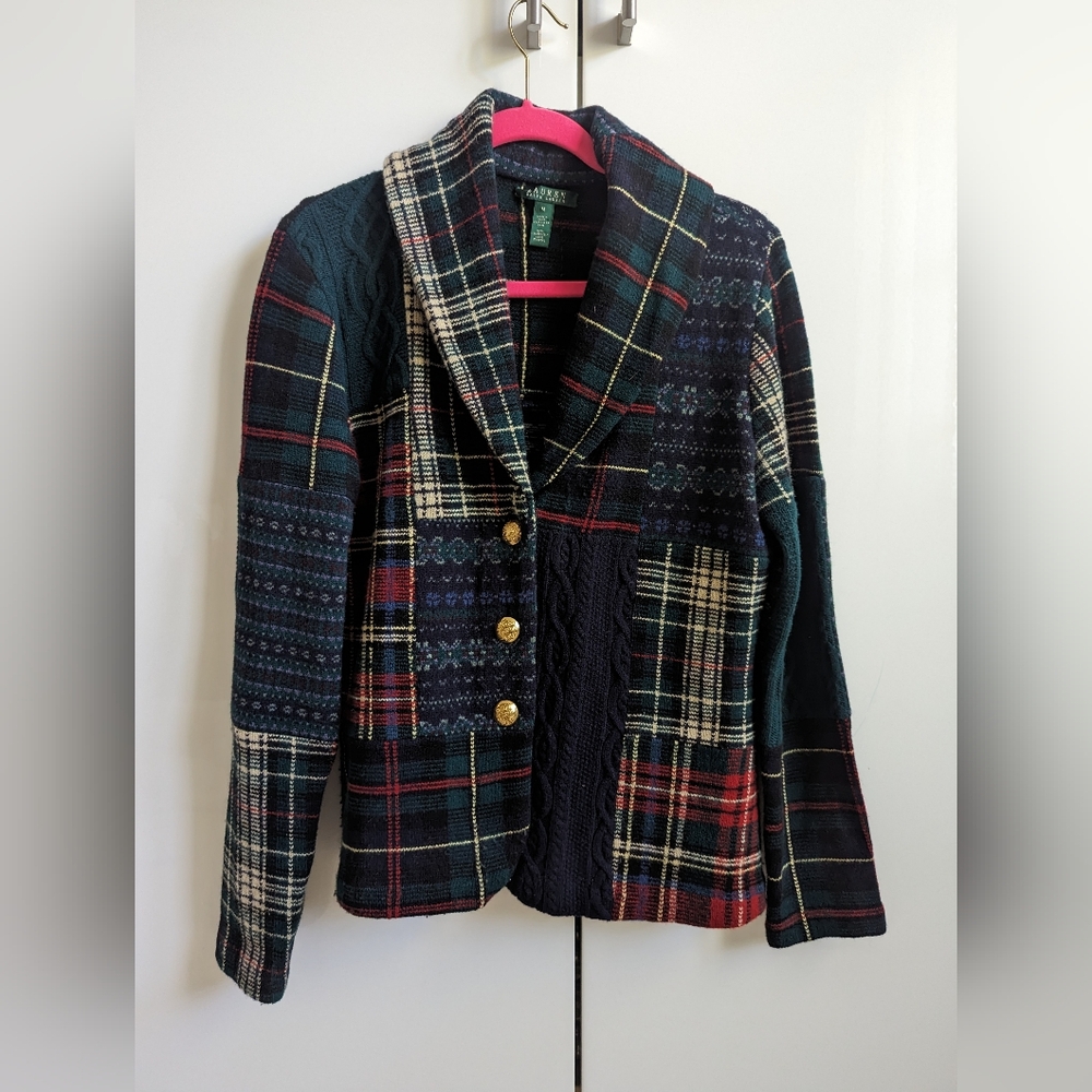 Lauren Ralph Lauren Patchwork Wool Cardigan Gold Buttons Plaid Tartan - Picture 1 of 6
